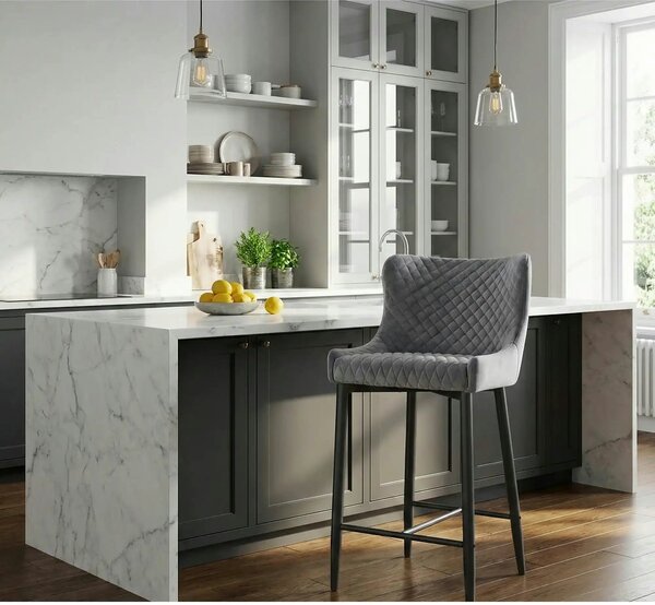 Scaun bar COLIN B H-2, gri/negru mat, stofa catifelata/metal, 48x42x88