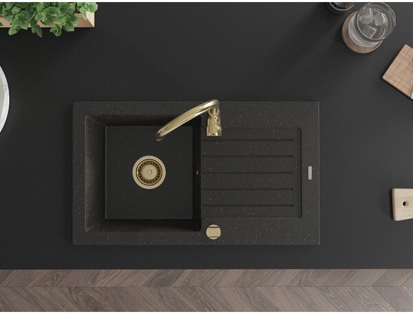 Mexen Pablo, chiuvetă din granit 752x436x161 mm, 1 cameră, negru-auriu metalic cu sifon auriu, 6510751010-75-G