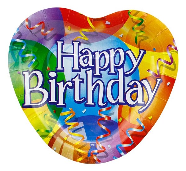 Farfurii carton Happy Birthday, forma inima 18.5x17.5cm, set 10 bucati