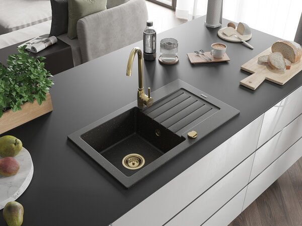 Mexen Pablo, chiuvetă din granit 752x436x161 mm, 1 cameră, negru-auriu metalic cu sifon auriu, 6510751010-75-G