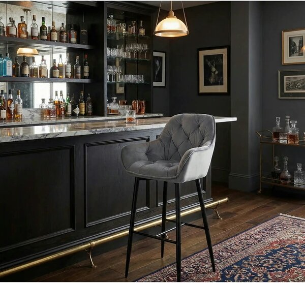 Scaun bar CHERRY H-1, gri/negru mat, stofa catifelata/metal, 56x40x105