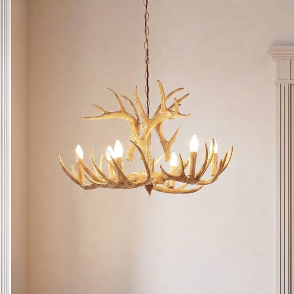 Lindby Lampă suspendată Fibi, maro, coarne, 6 becuri E14, reglabil, Maro / Rugină, Camera de zi / sufragerie, Plastic, Casă de țară / Rustic, Candelabru