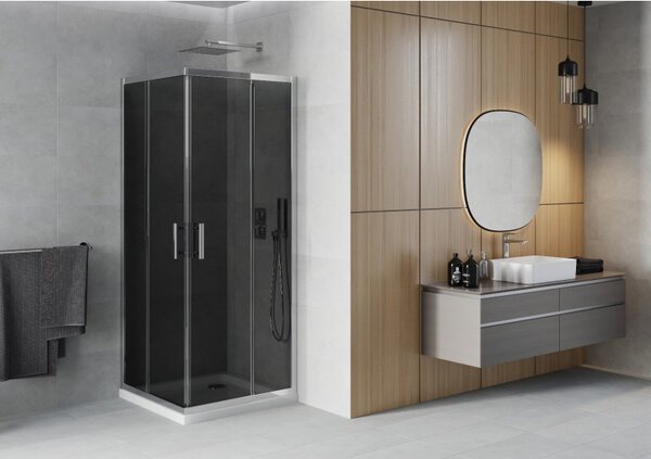 Mexen Rio, duș pătrat cu ușă glisantă 70(uşă) x 70(uşă) x 190 cm, sticlă gri 6mm, profil crom + cadă de duș SLIM albă, 860-070-070-01-40-4010