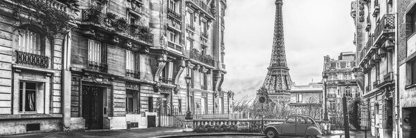Tablou priveliște a Parisului dintr-o străduță simplă alb-negru