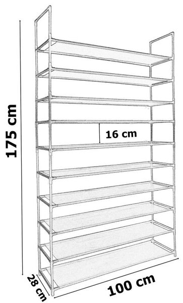 Raft organizator incaltaminte 50 perechi, 10 nivele, cadru metalic, 100x28x175 cm