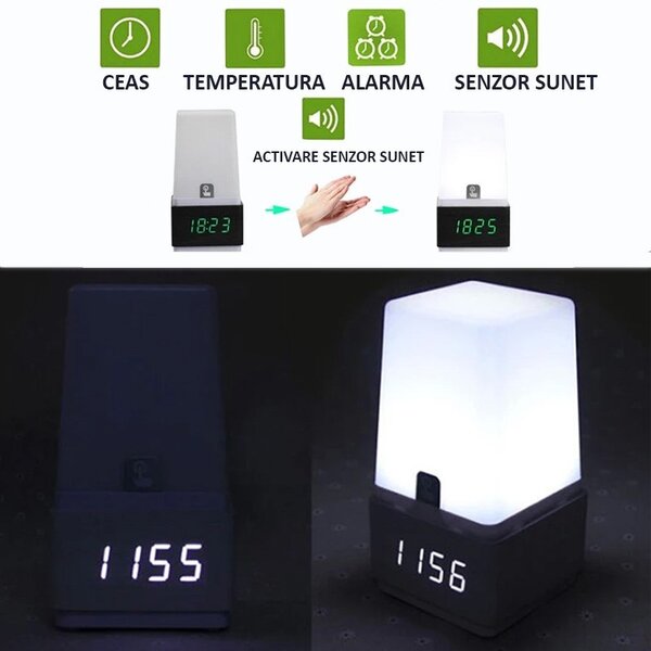 Lampa de birou LED cu ceas si senzor sunet, 3 alarme, USB, RESIGILAT