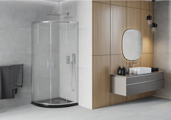 Mexen Rio, duș sfert de cerc cu ușă glisantă 80 x 80 cm, sticlă mată 6 mm, profil crom + cadă de duș neagră, 863-080-080-01-30-4170