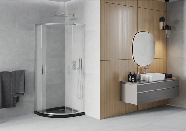 Mexen Rio, duș sfert de cerc cu ușă glisantă 80 x 80 cm, sticlă mată 6 mm, profil crom + cadă de duș neagră, 863-080-080-01-30-4170