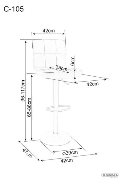 Scaun bar C105, gri/negru, stofa catifelata/metal, 42x39x96/117 cm