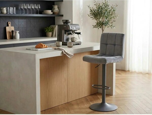 Scaun bar C105, gri/negru, stofa catifelata/metal, 42x39x96/117 cm