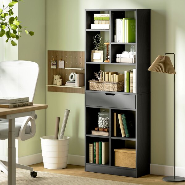 HOMCOM Bibliotecă Modernă din Lemn cu Sertar Central și Kit Antirăsturnare, 60x26x158 cm, Negru | Aosom Romania