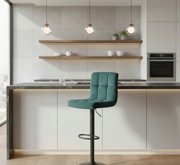 Scaun bar C105, verde/negru, stofa catifelata/metal, 42x39x96/117 cm