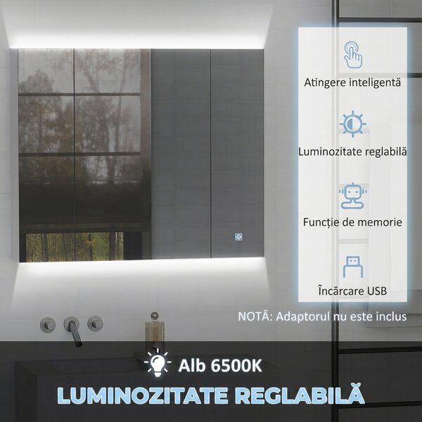 Kleankin Dulap de baie cu oglindă și lumină LED, 90x15x75 cm, uși soft-close, reglabil în 3 culori, rafturi ajustabile, întrerupător tactil, alb | Aosom Romania