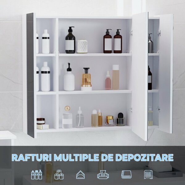 Kleankin Dulap de baie cu oglindă și lumină LED, 90x15x75 cm, uși soft-close, reglabil în 3 culori, rafturi ajustabile, întrerupător tactil, alb | Aosom Romania
