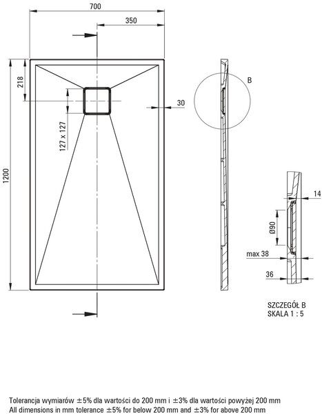 Deante Correo cădiță de duș dreptunghiulară 120x70 cm negru KQR_N73B