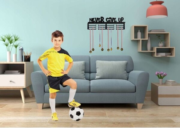 Suport pentru medalii Never give up, fixare pe perete, 12 carlige, negru