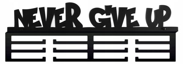 Suport pentru medalii Never give up, fixare pe perete, 12 carlige, negru