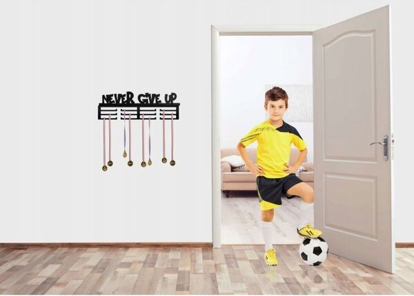 Suport pentru medalii Never give up, fixare pe perete, 12 carlige, negru