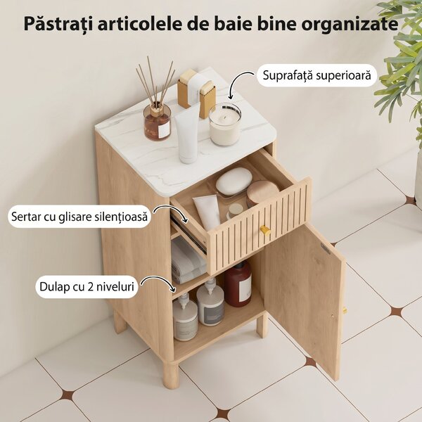 Dulap de baie HOMCOM slim cu sertar și ușă, pentru sufragerie, salon, living, bucătărie, 36 x 30 x 80 cm, stejar | Aosom Romania