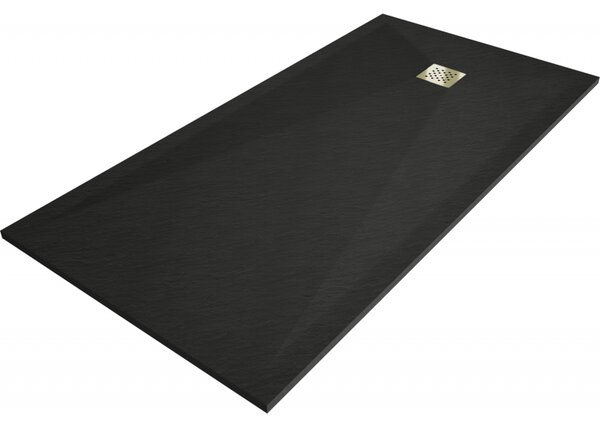 Mexen Stone+, cada dreptunghiulară din compozit mineral 160 x 70 cm, negru, capac auriu lucios, 44707016-G