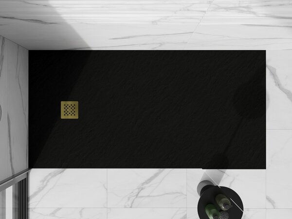 Mexen Stone+, cada dreptunghiulară din compozit mineral 160 x 70 cm, negru, capac auriu lucios, 44707016-G
