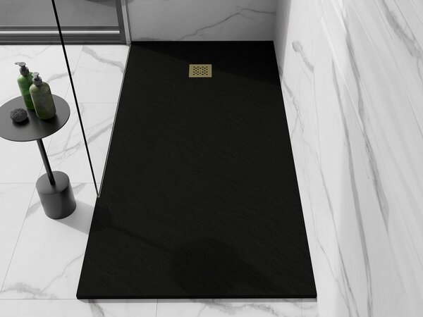 Mexen Stone+, cada dreptunghiulară din compozit mineral 160 x 70 cm, negru, capac auriu lucios, 44707016-G