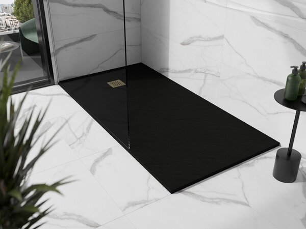 Mexen Stone+, cada dreptunghiulară din compozit mineral 160 x 70 cm, negru, capac auriu lucios, 44707016-G
