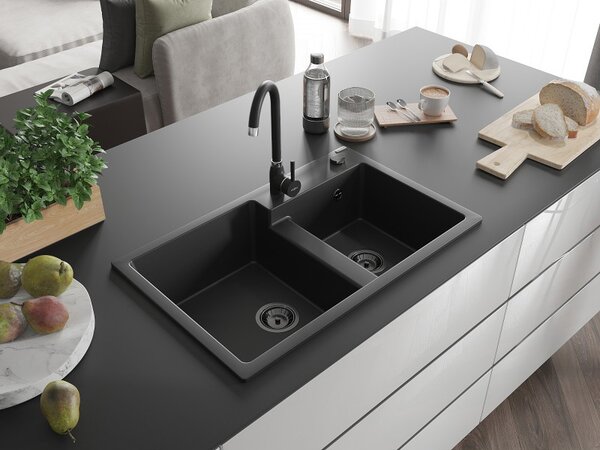 Mexen Tomas, chiuveta granit 800x500x190 mm, 2 camere, negru cu sifon negru, 6516802000-77-B