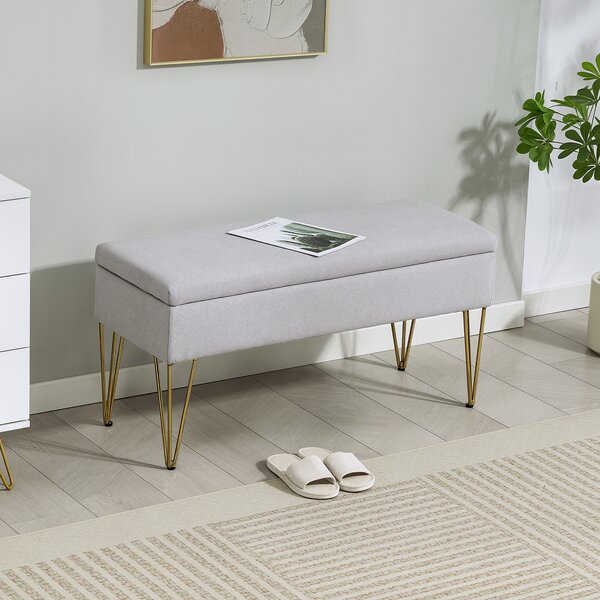 HOMCOM Bancă cu Depozitare din Material Textil și Picioare din Oțel, 100x40x49 cm, Gri Deschis | Aosom Romania