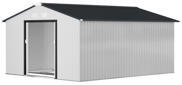 Outsunny Cobertizo de Jardín Exterior 12,4 m² 340x386x200 cm con Puerta Corredera Techo Inclinado y 4 Ventanas Blanco | Aosom Romania