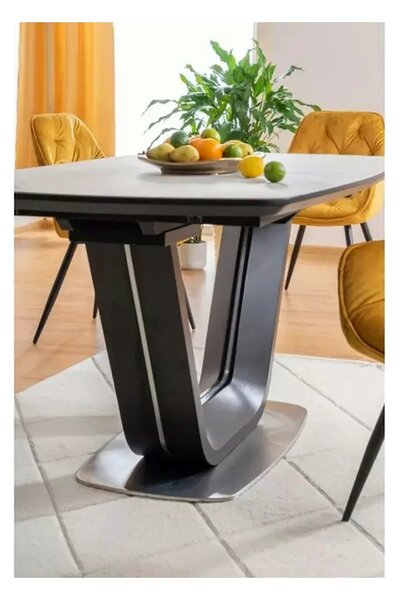 Masa dining 160 cm ARMANI, extensibila, alb cu efect de marmura/negru