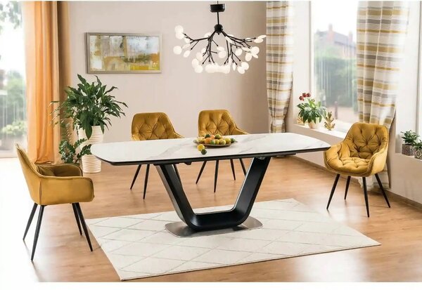 Masa dining 160 cm ARMANI, extensibila, alb cu efect de marmura/negru