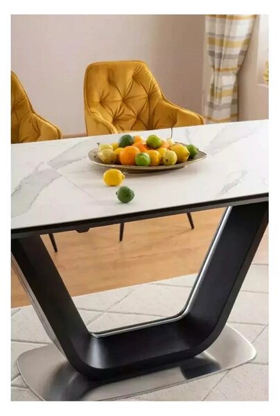 Masa dining 160 cm ARMANI, extensibila, alb cu efect de marmura/negru