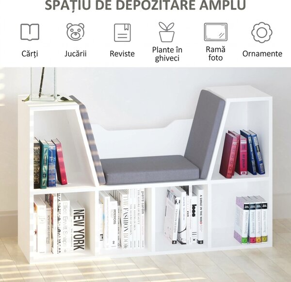 HOMCOM Bibliotecă 2 în 1 cu Perne Confortabile și 6 Compartimente, Mobilier Multifuncțional pentru Cărți și Jocuri, Raft cu 6 Cuburi pentru Sufragerie, Dormitor și Birou, 102x30x61 cm, Alb | Aosom Romania