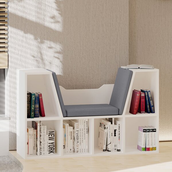 HOMCOM Bibliotecă 2 în 1 cu Perne Confortabile și 6 Compartimente, Mobilier Multifuncțional pentru Cărți și Jocuri, Raft cu 6 Cuburi pentru Sufragerie, Dormitor și Birou, 102x30x61 cm, Alb | Aosom Romania
