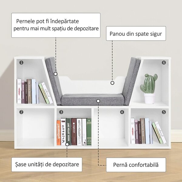 HOMCOM Bibliotecă 2 în 1 cu Perne Confortabile și 6 Compartimente, Mobilier Multifuncțional pentru Cărți și Jocuri, Raft cu 6 Cuburi pentru Sufragerie, Dormitor și Birou, 102x30x61 cm, Alb | Aosom Romania