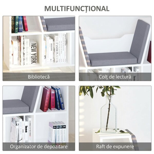 HOMCOM Bibliotecă 2 în 1 cu Perne Confortabile și 6 Compartimente, Mobilier Multifuncțional pentru Cărți și Jocuri, Raft cu 6 Cuburi pentru Sufragerie, Dormitor și Birou, 102x30x61 cm, Alb | Aosom Romania