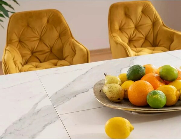 Masa dining 160 cm ARMANI, extensibila, alb cu efect de marmura/negru