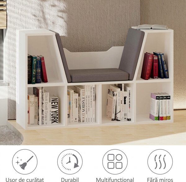 HOMCOM Bibliotecă 2 în 1 cu Perne Confortabile și 6 Compartimente, Mobilier Multifuncțional pentru Cărți și Jocuri, Raft cu 6 Cuburi pentru Sufragerie, Dormitor și Birou, 102x30x61 cm, Alb | Aosom Romania