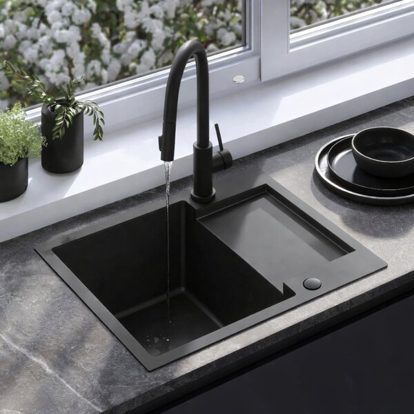 Rea Paul, chiuvetă din oțel cu 1 compartiment 600x480x185 mm, negru mat, ZLE-06011