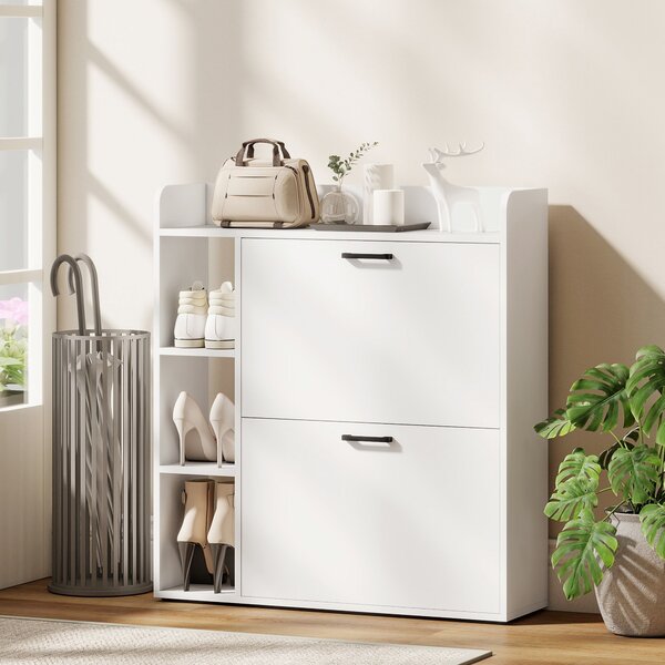 HOMCOM Dulap pentru pantofi slim cu 2 sertare rabatabile și 3 rafturi, Capacitate 15 perechi, 83x24x90.5 cm, Alb | Aosom Romania