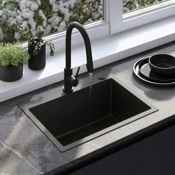 Rea Liam, chiuveta de bucatarie otel 530x450x200mm + sifon, negru mat, ZLE-06008