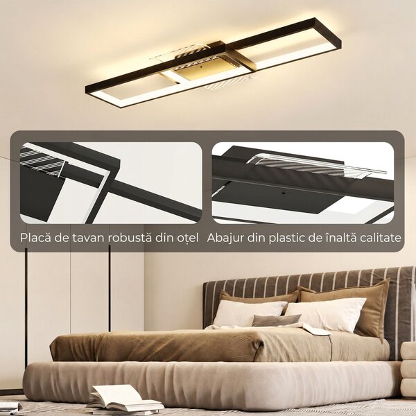 HOMCOM Plafonieră LED Reglabilă cu Telecomandă și Întrerupător, Temperatura Culoare 3000-6000K, Lampă de Design pentru Living și Sufragerie, 70x30 cm, Negru | Aosom Romania
