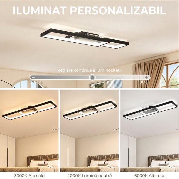 HOMCOM Plafonieră LED Reglabilă cu Telecomandă și Întrerupător, Temperatura Culoare 3000-6000K, Lampă de Design pentru Living și Sufragerie, 70x30 cm, Negru | Aosom Romania