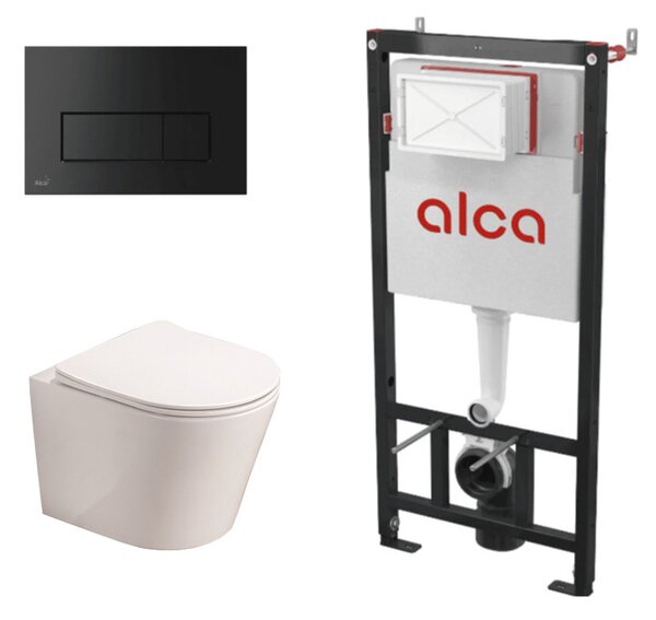 Set complet vas WC suspendat, Fluminia, Clementina Alb, cu rezervor Alca si clapeta neagra