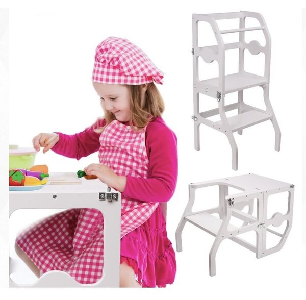 Scaun pliabil pentru copii, inaltator din lemn, 2 in 1 scaun si masa, learning tower
