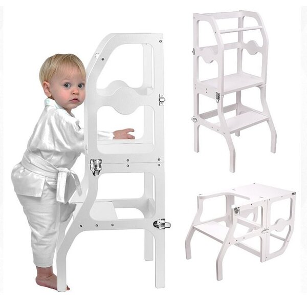 Scaun pliabil pentru copii, inaltator din lemn, 2 in 1 scaun si masa, learning tower