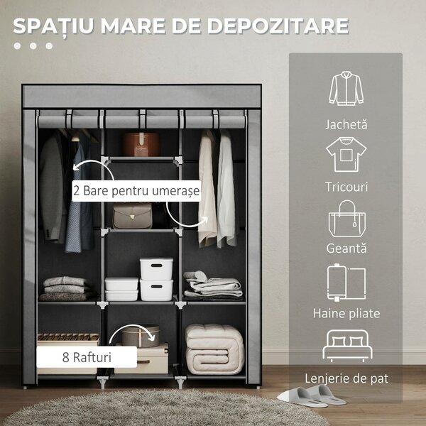 HOMCOM Dulap Economisire Spațiu cu Bază Înalțată, 8 Rafturi și 2 Bare, din Material Netesut și Oțel, Gri Deschis | Aosom Romania