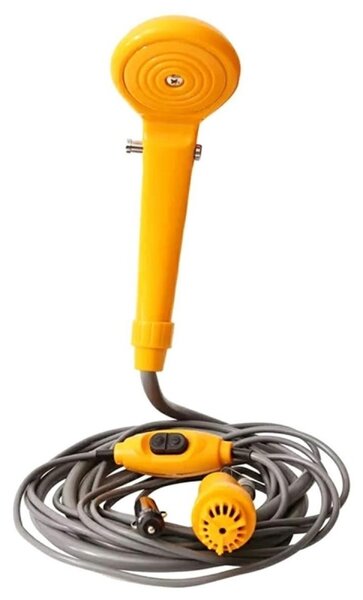 Dus portabil cu pompa, capacitate sac: 5L, filtru pompa, reglare flux apa, 60W, 12V, plastic, galben/gri