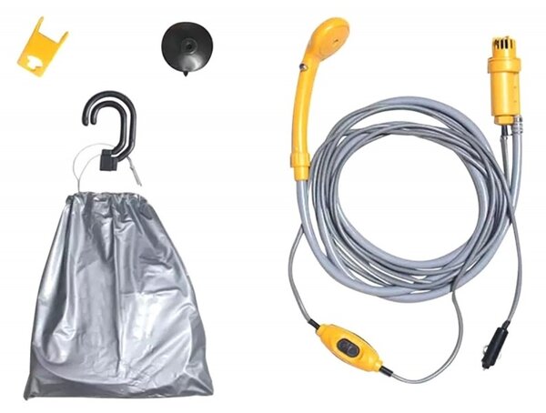 Dus portabil cu pompa, capacitate sac: 5L, filtru pompa, reglare flux apa, 60W, 12V, plastic, galben/gri